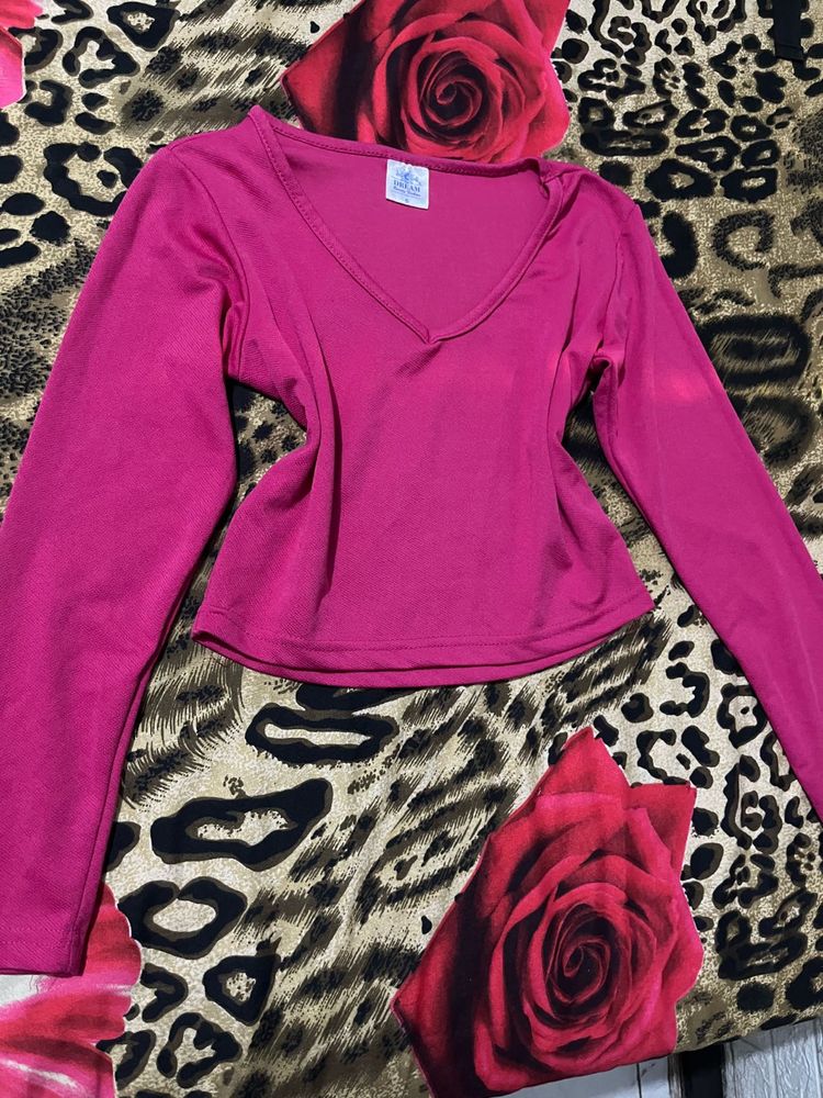 V-Neck Long Sleeve Pink Top