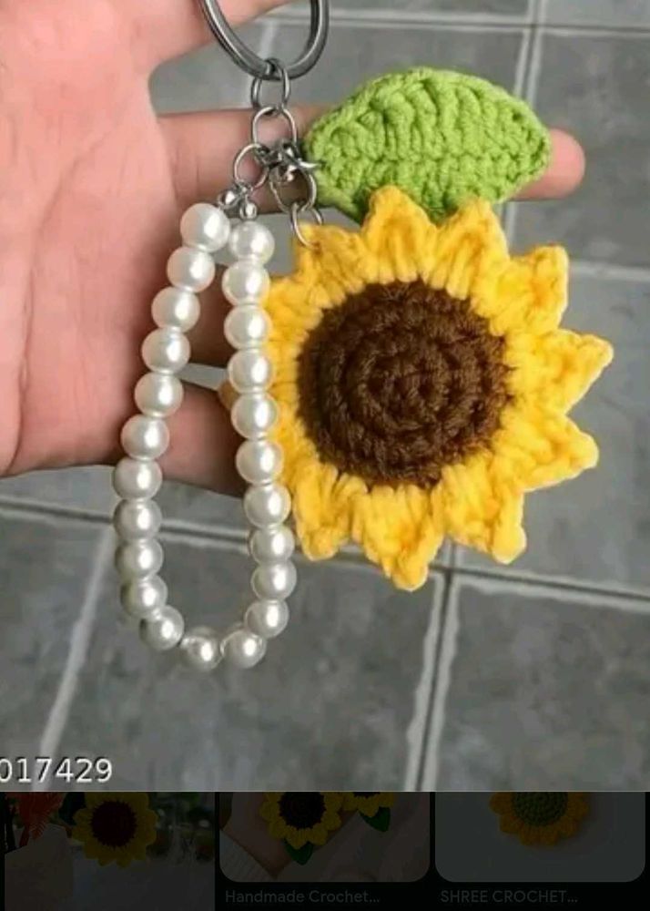 Crocheted Sunflower &amp; Pearl Keychain