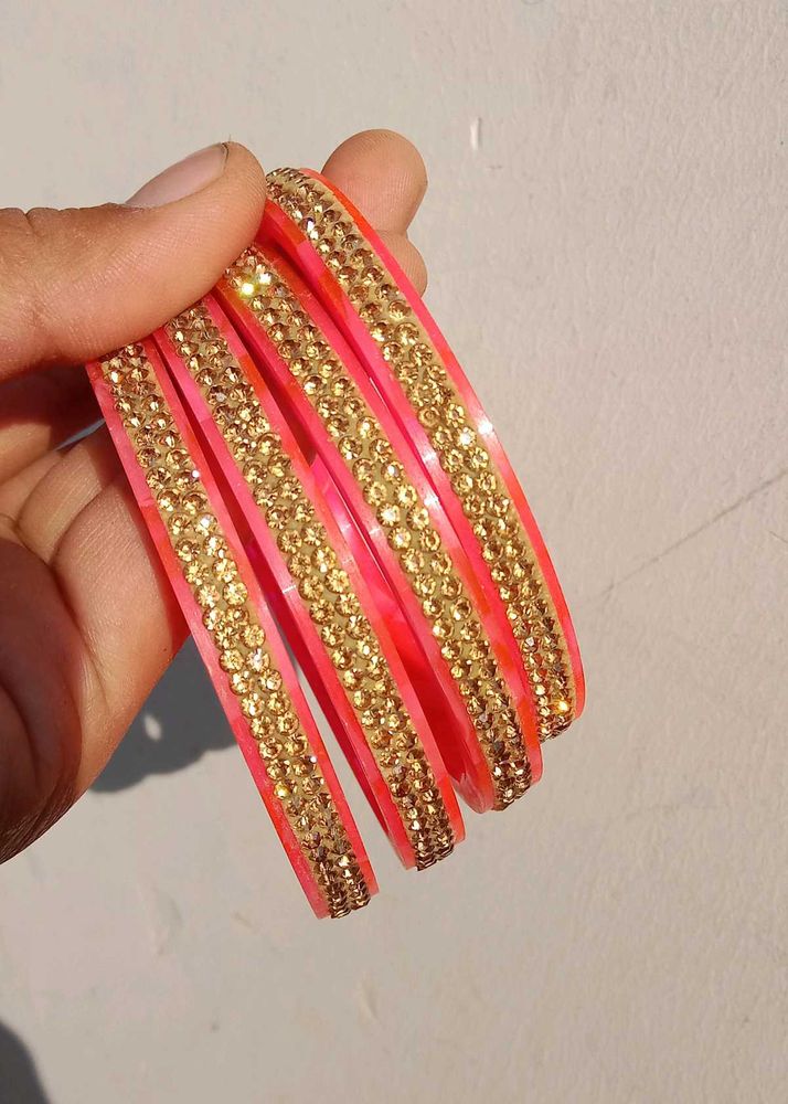 Elegant Pink &amp; Gold Stone Bangles