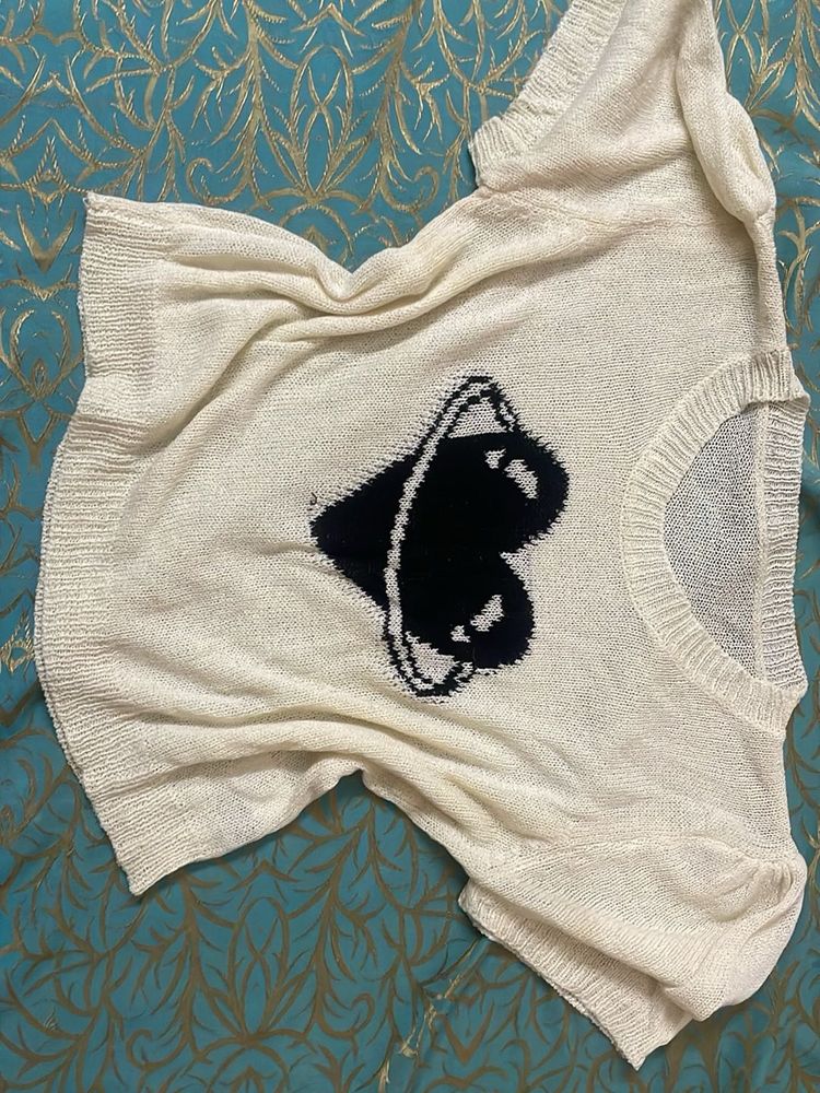 Cream Knit Top with Black Heart Graphic
