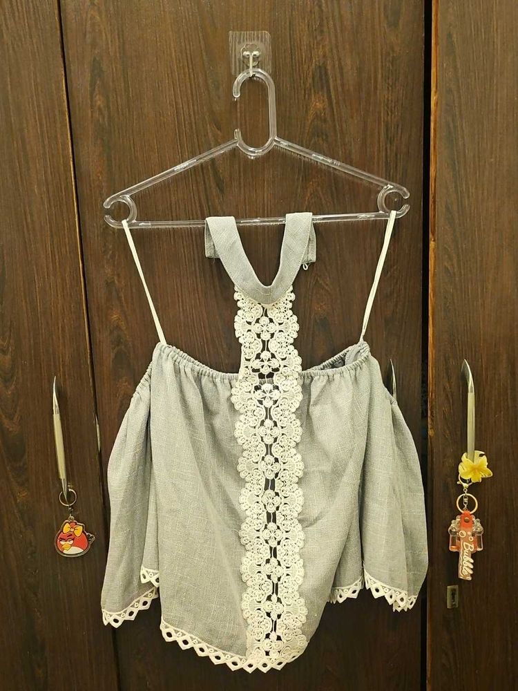 Stylish Grey Off-Shoulder Top with Lace