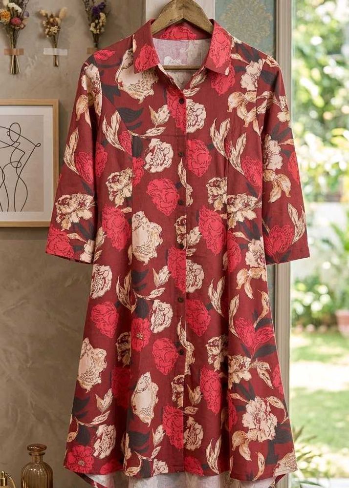 Red floral A‑line dress with straight