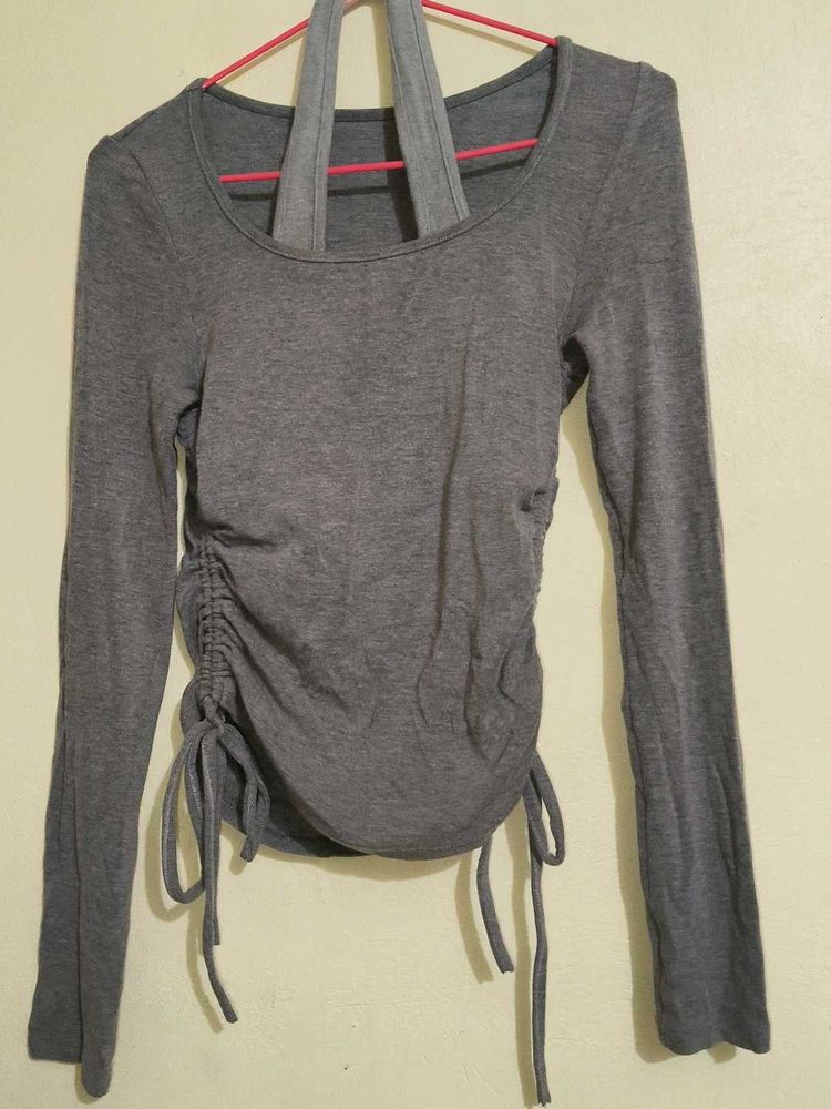 Gray Ruched Drawstring Long Sleeve Top
