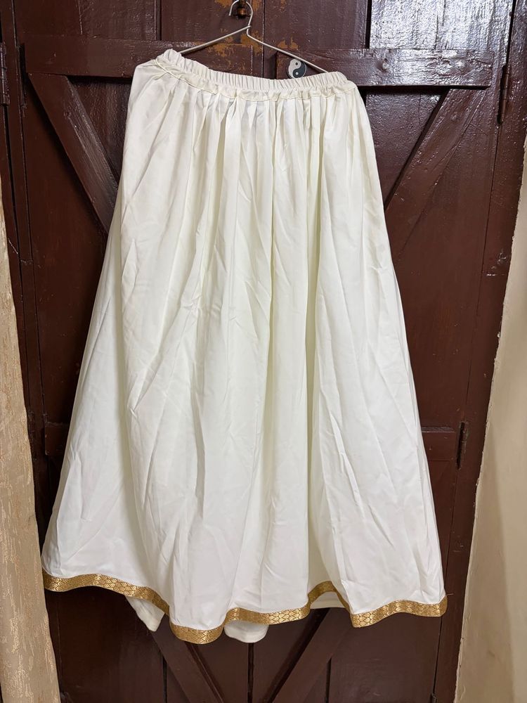 Elegant White Ethnic Skirt with Gold Border