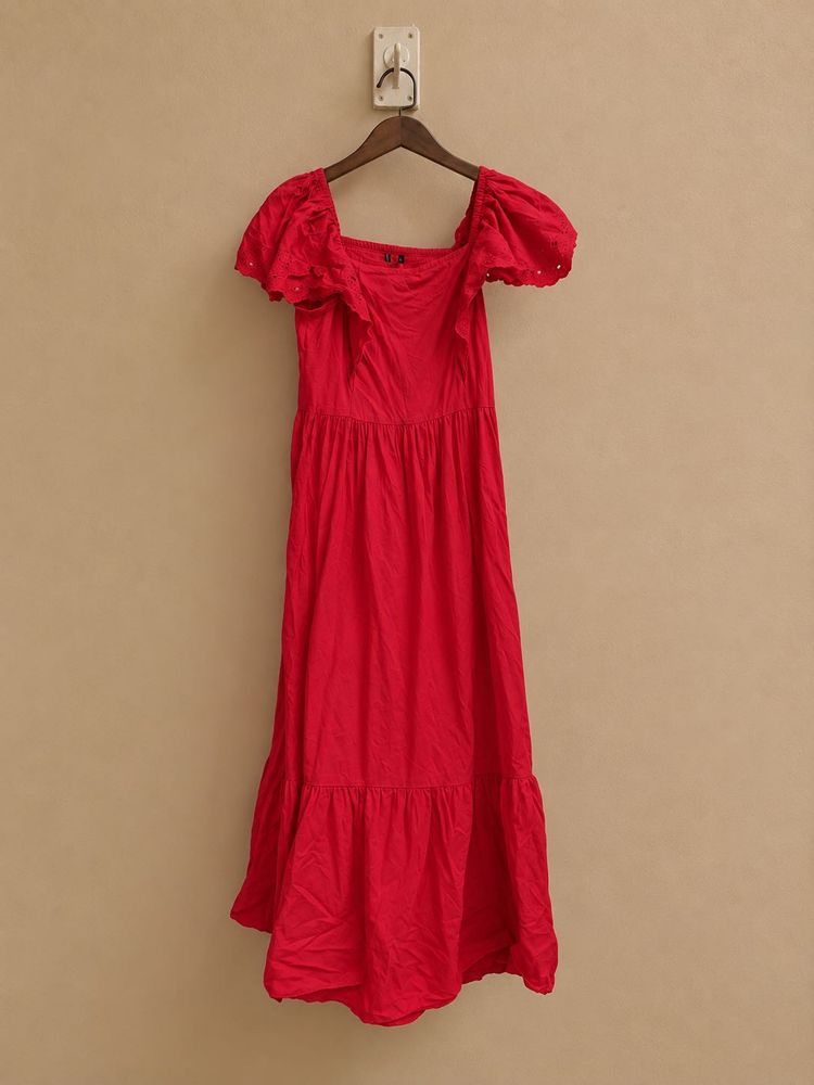 Red Square Neck Puff Sleeve Dress
