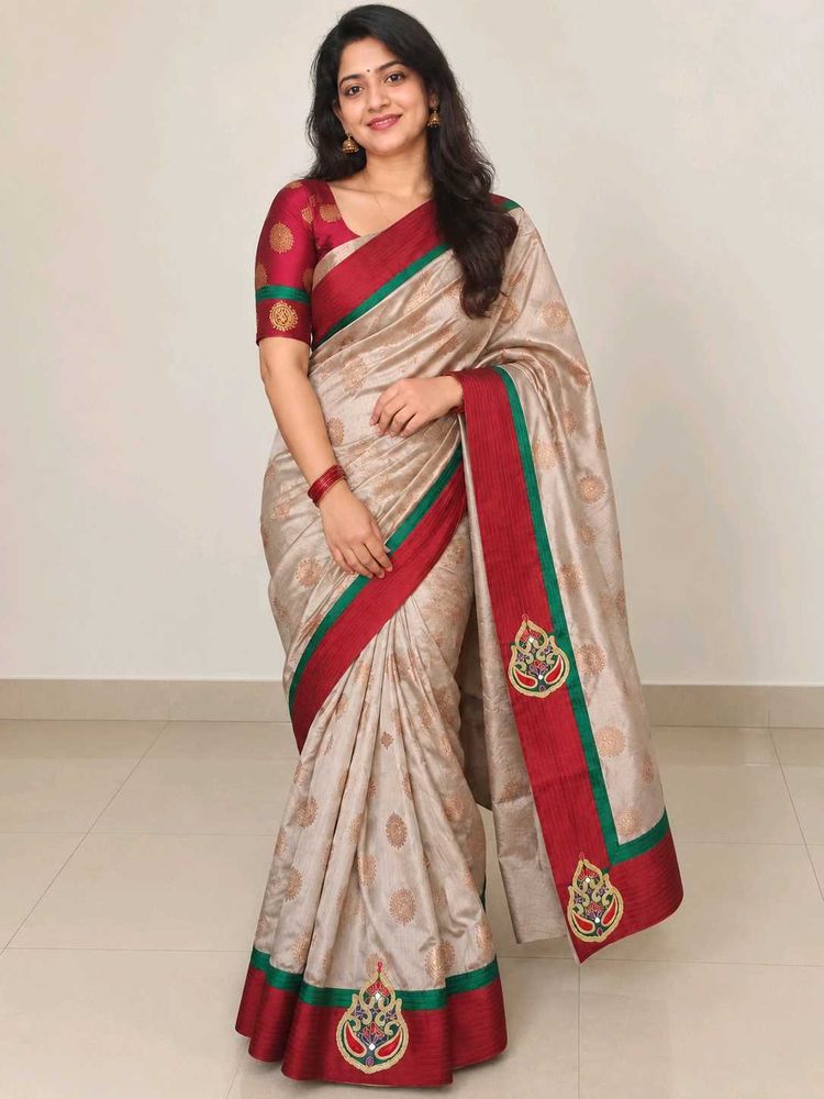 (No blouse) Elegant Beige Saree with Red Border