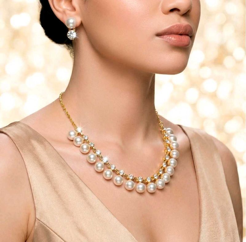 AntiTarnish Elegant Pearl &amp; Crystal Necklace Set