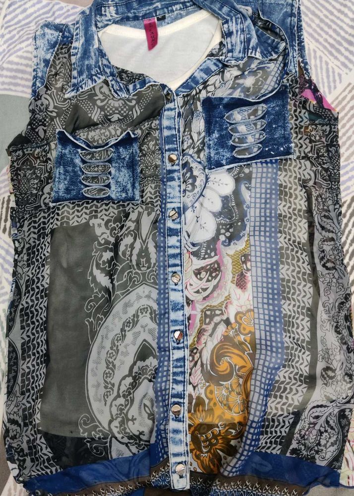 Unique Patchwork Denim &amp; Print Sleeveless Top