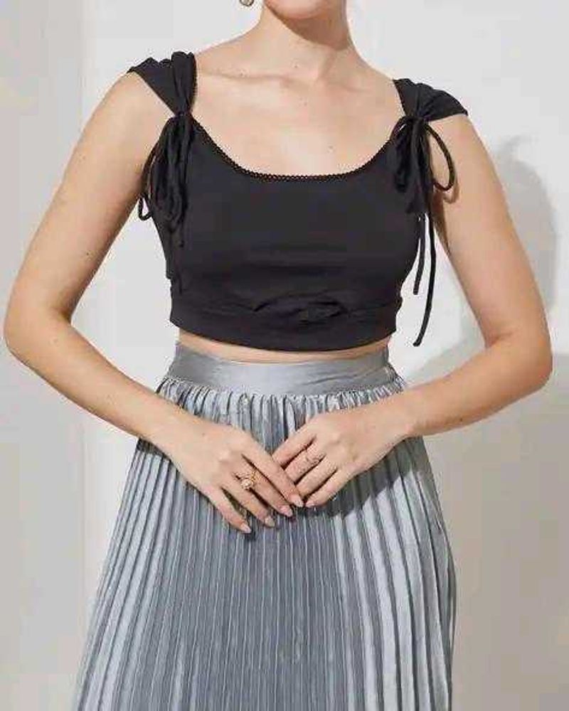 Shein Tie-Up Sleeve Detail Cut-Out Lace Trim Crop