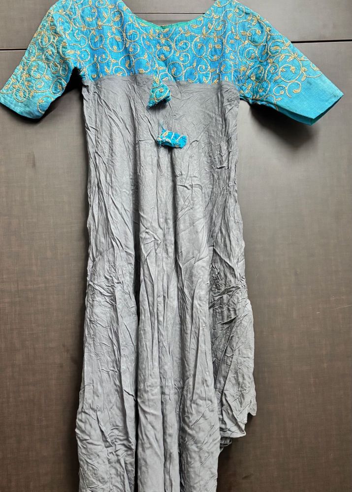 Designer Kurta with Blue Embroidered Yoke