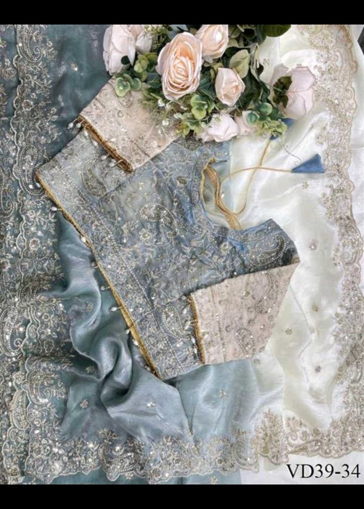 Elegant Grey-Blue &amp; Ivory Embroidered Saree.