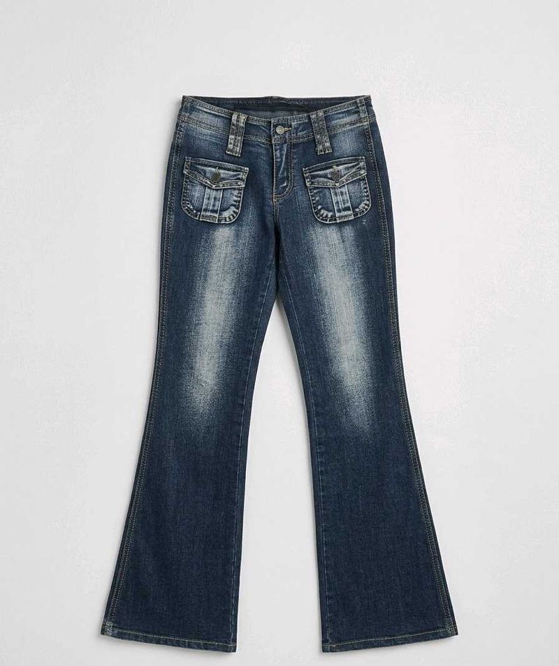 Vintage Y2K Dark Wash Flare Jeans with Cargo Pocke