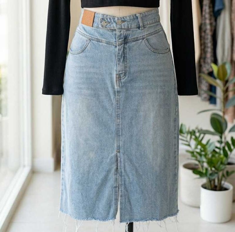 Light Wash Denim Midi Skirt