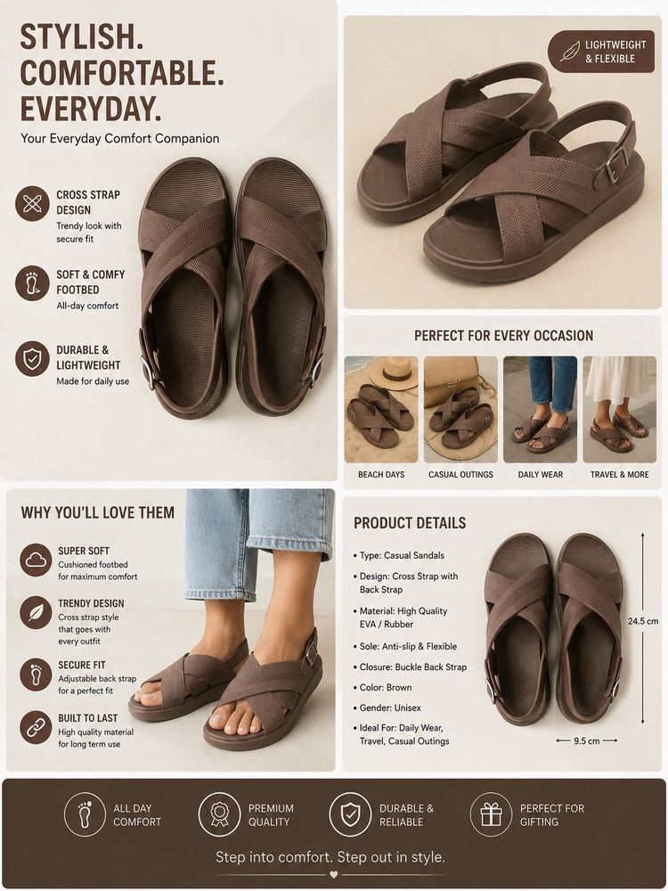 Comfortable Brown Cross Strap Sandals