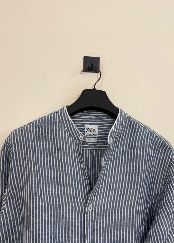 Zara Men's Striped Band Collar Shirt