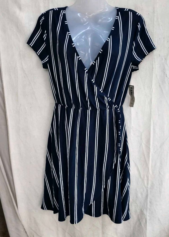 3029. Navy Striped Wrap Dress