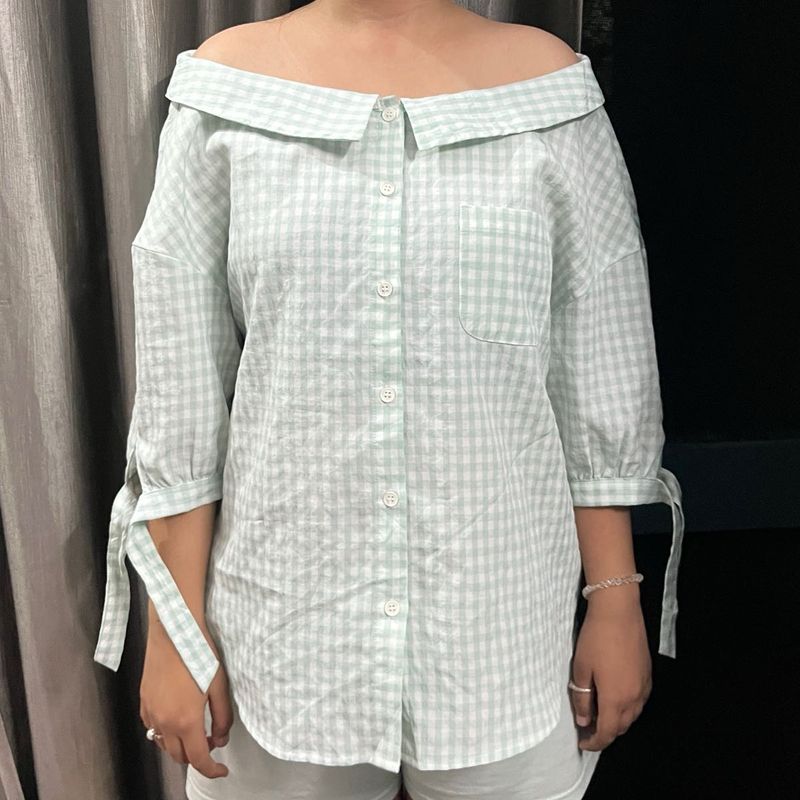 Gingham Off-Shoulder Button-Up Shirt