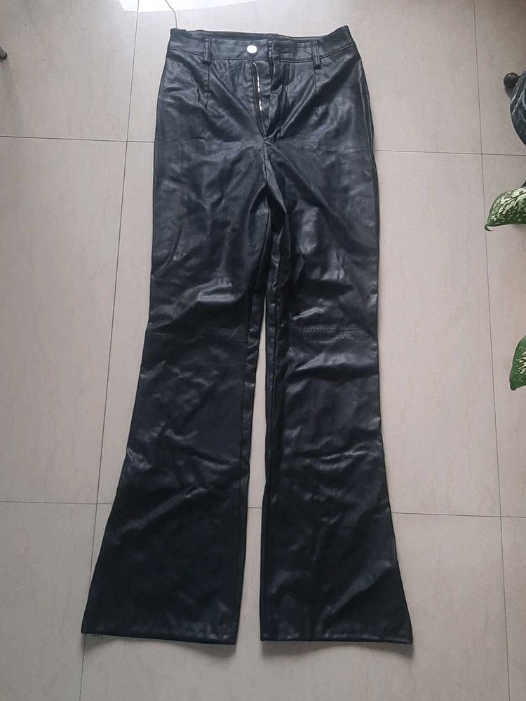 Black Faux Leather Flared Pants Women