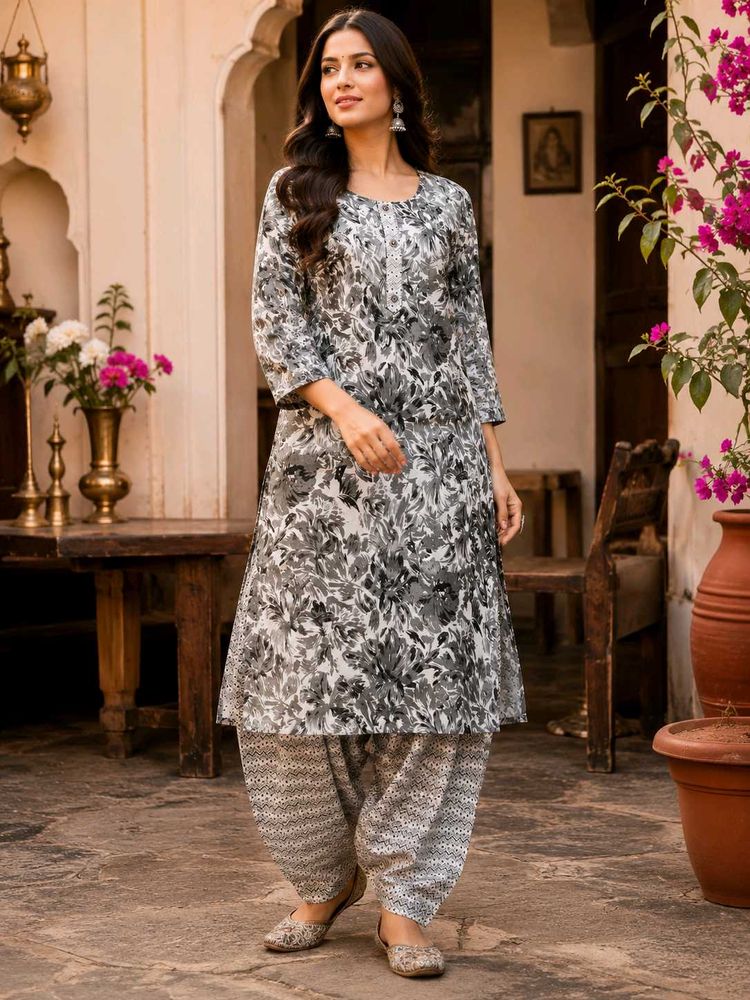 🇳🇿💫🎀Elegant Grey Floral Print Kurta Set