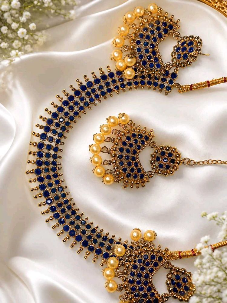 Royal Blue &amp; Pearl Gold-Plated Jewellery Set | Nec