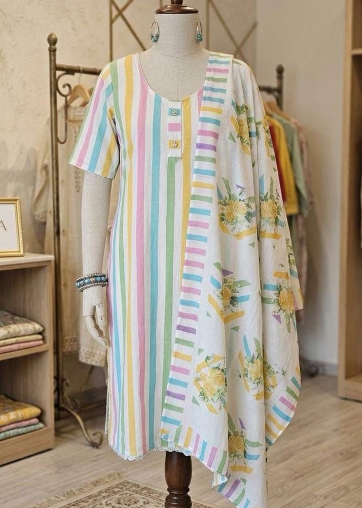 Pastel Striped Kurta Set with Floral Dupatta