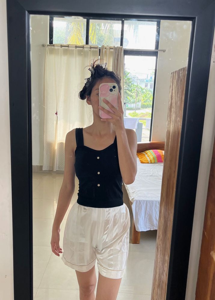 Cute Black Button Tank Top &amp; White Shorts Set
