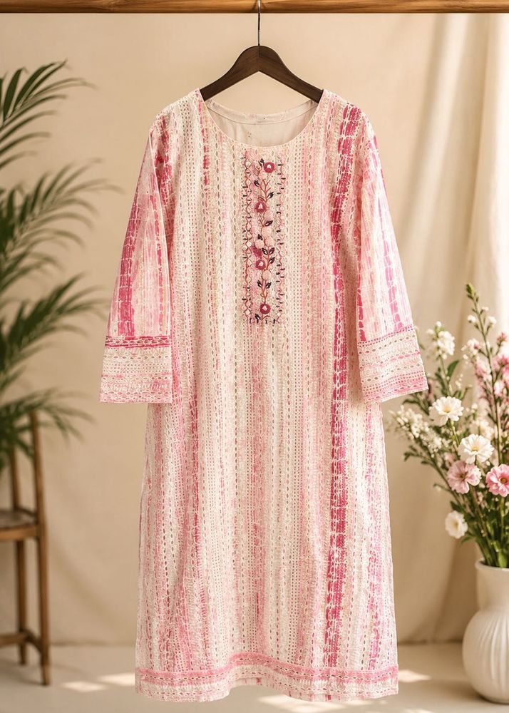 Pink &amp; White Embroidered Kurta