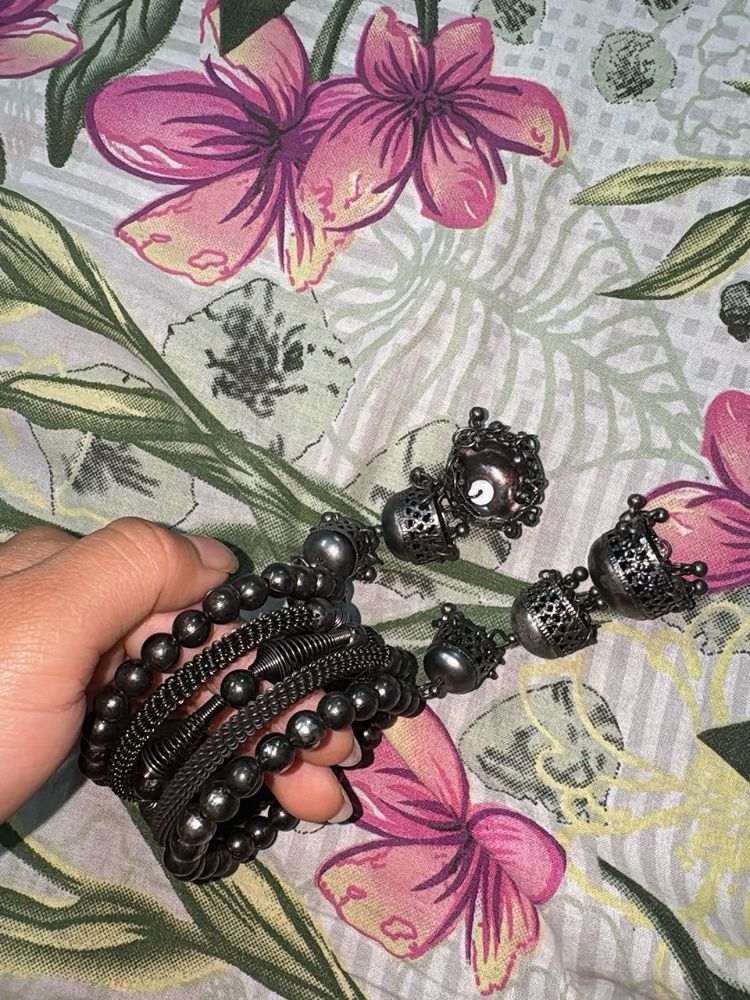 Boho Oxidized Silver Bangle Set