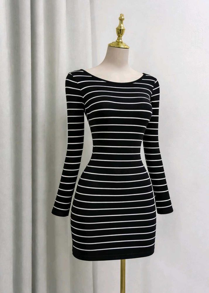 Black &amp; White Striped Long Sleeve Dress
