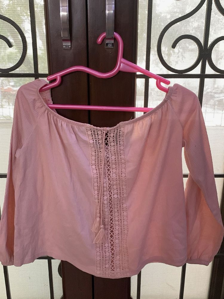 Pink Off-Shoulder Tassel Top