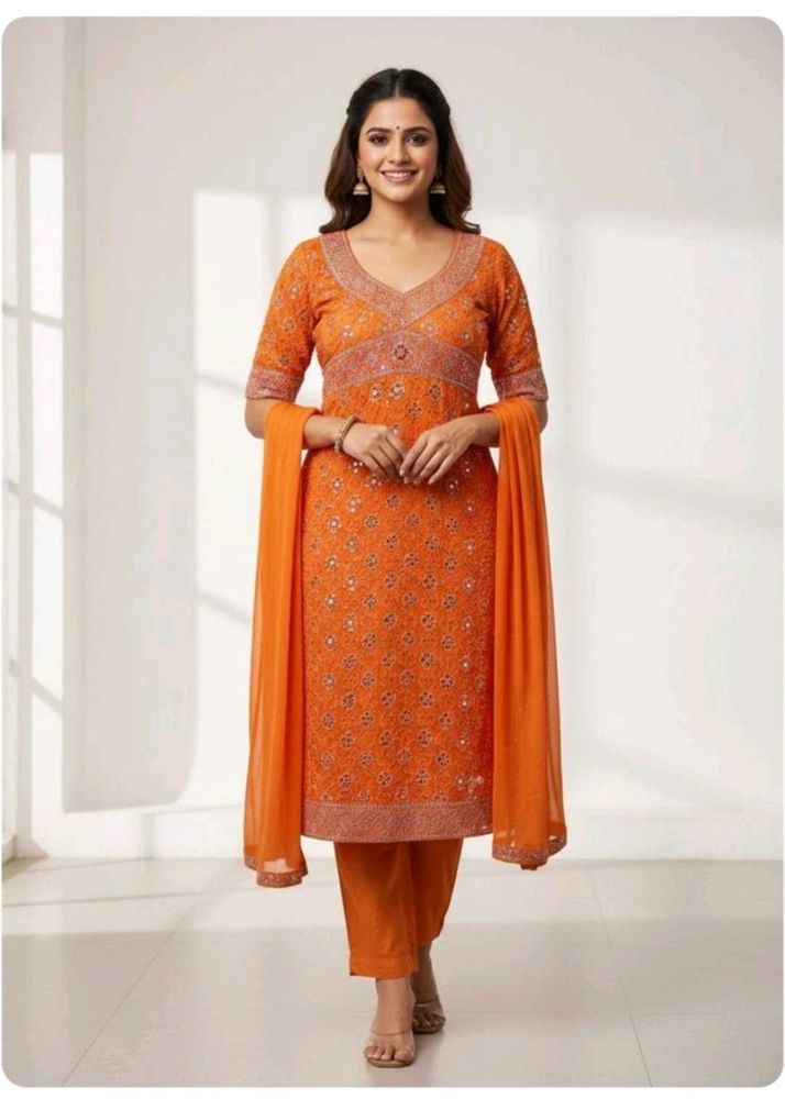 Orange Embroidered Kurta Set with Dupatta