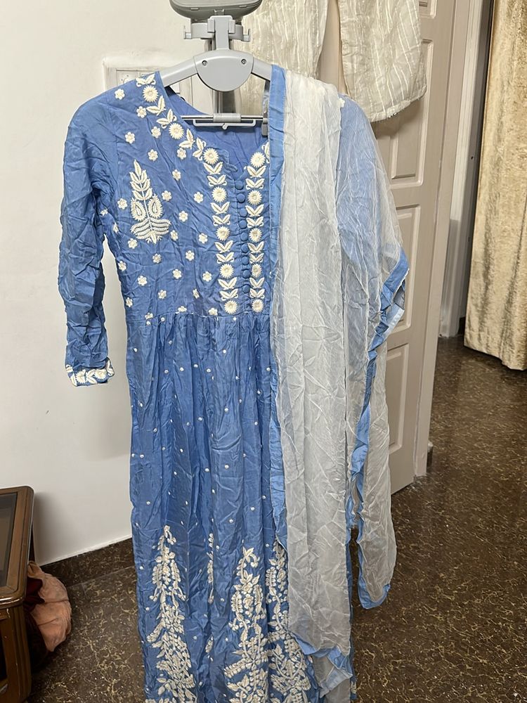 Blue Embroidered Anarkali with duppata