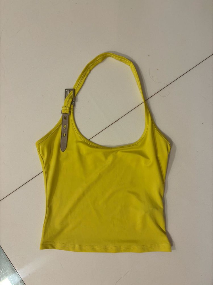 YELLOW halter neck top with metal detailing