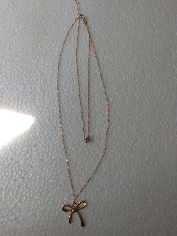 Gold Bow &amp; Gem Double-layered Necklace