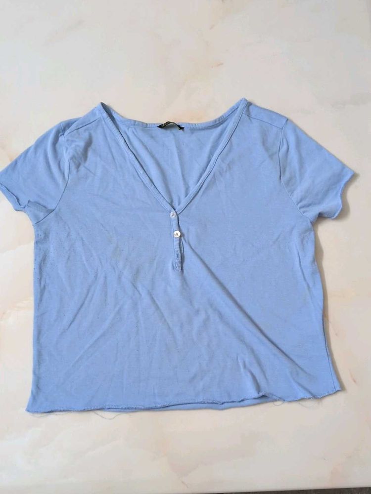 Dressberry Light Blue V-Neck Button-Up Top