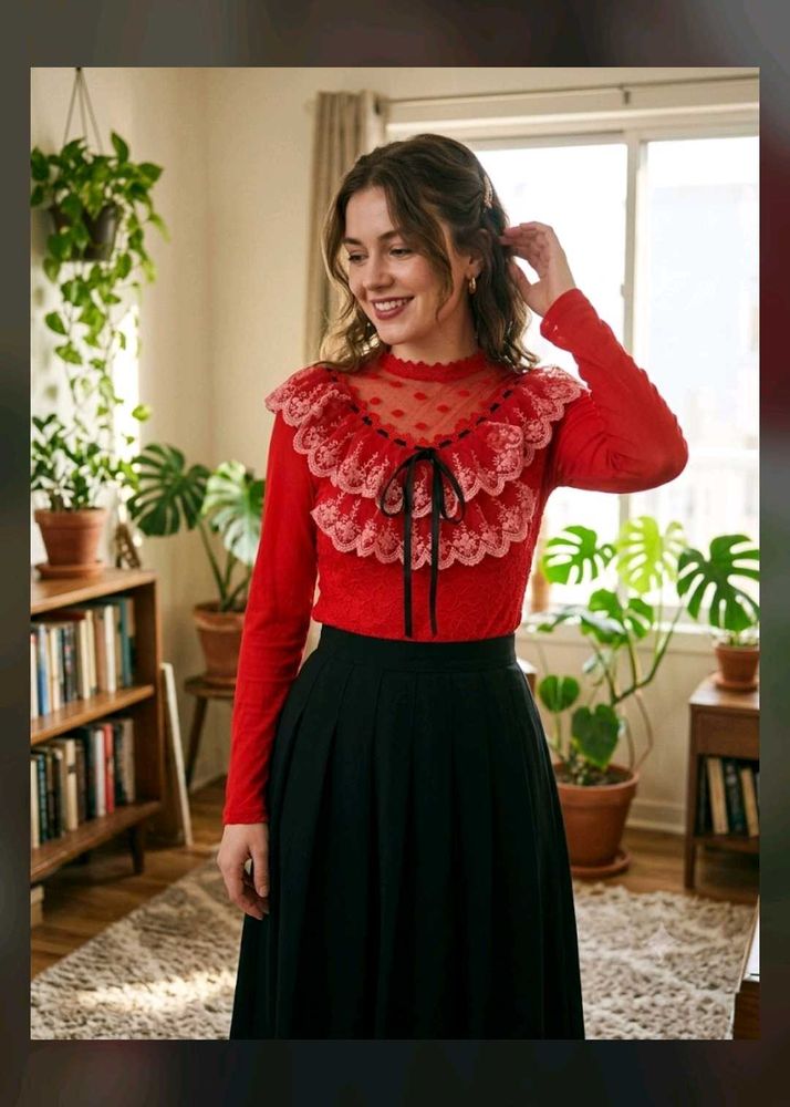 Chic Red Lace Trimmed Long Sleeve Top