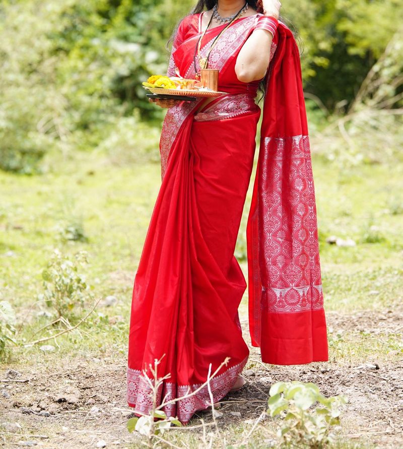 Elegant Red Silk Saree with Silver Border