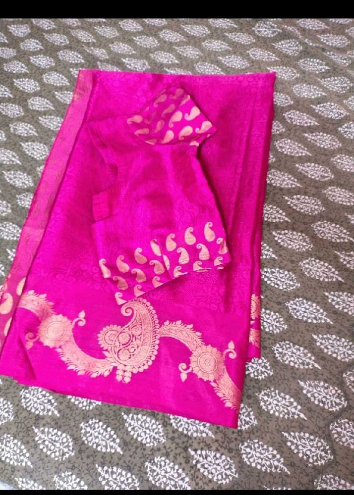 Vibrant Pink saree with stiched blouse