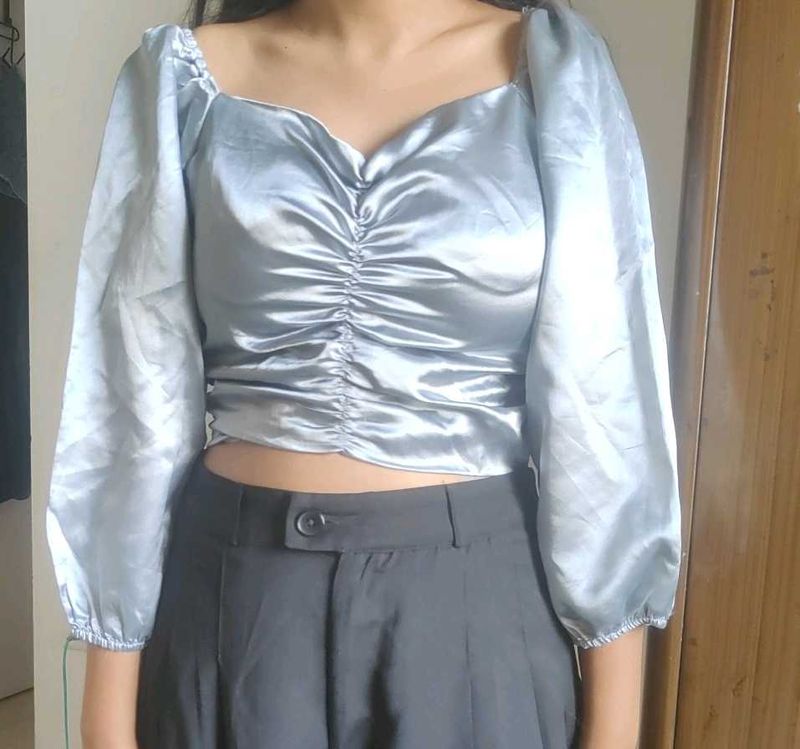 Satin Ruched Puff Sleeve Top