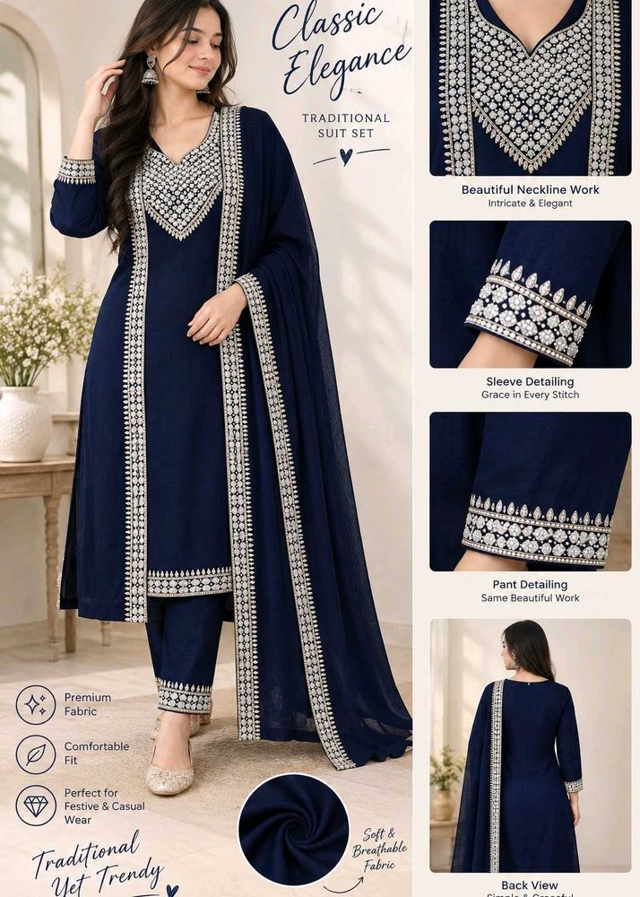 Elegant Navy Blue Embroidered Kurta Set