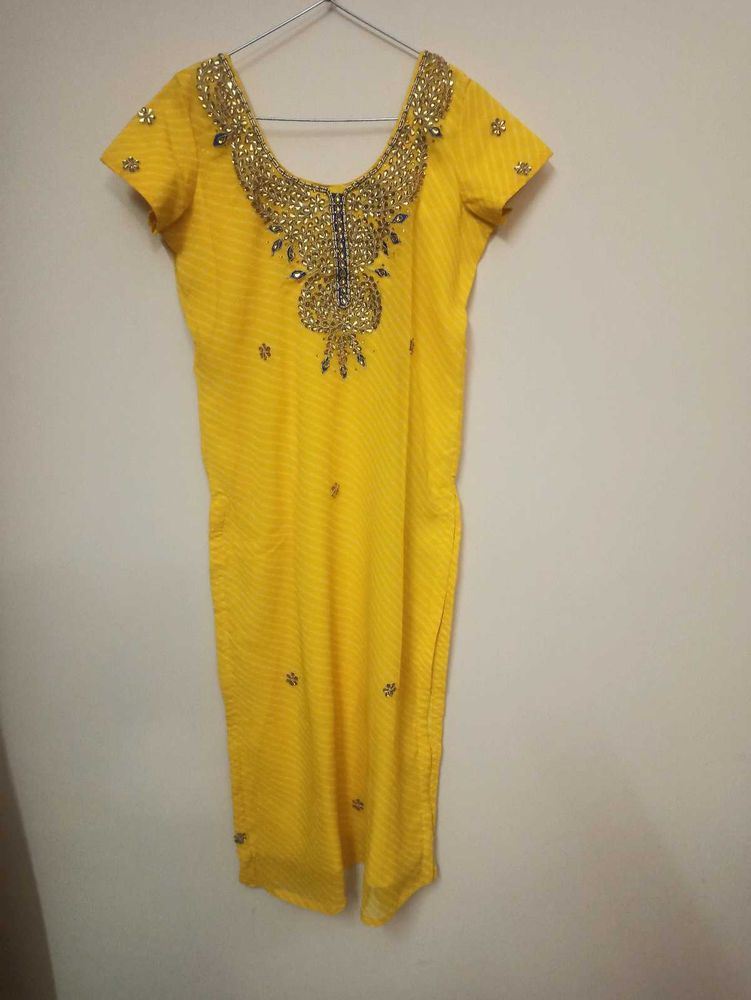 bright yellow embellished kurta set with dupatta