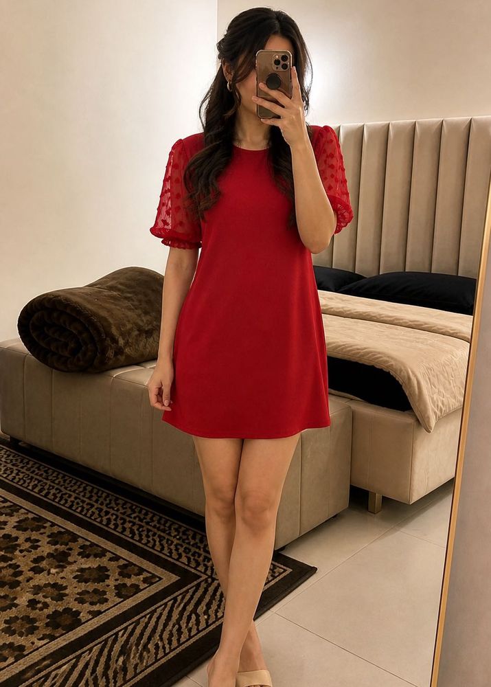 Chic Red Mini Dress with Puff Sleeves