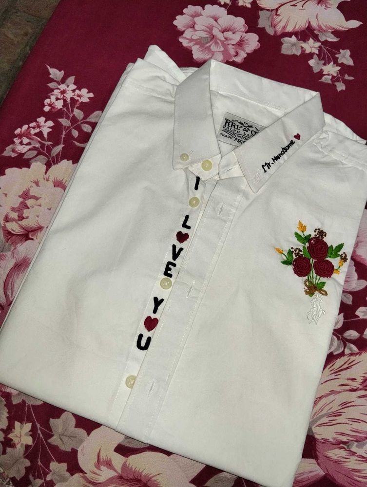 White Hand Embroidered "I Love You" Shirt