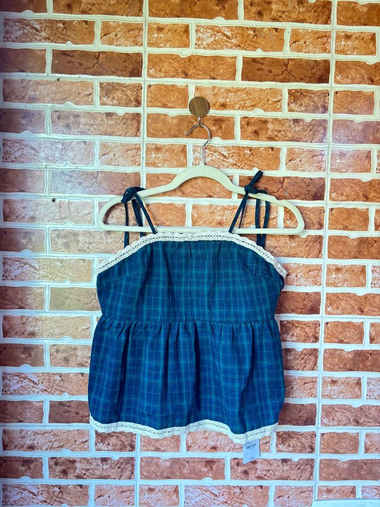 Cute Plaid Tank Top with Lace Trim