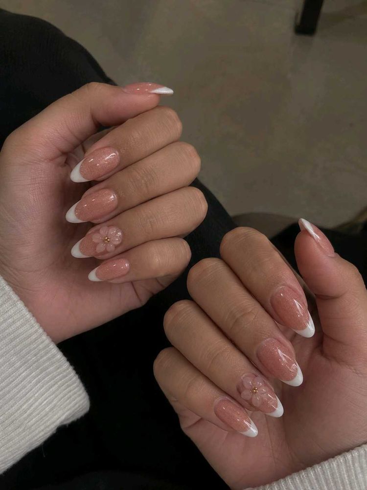Pink Shimmer French 3D Flower Press-On Nails