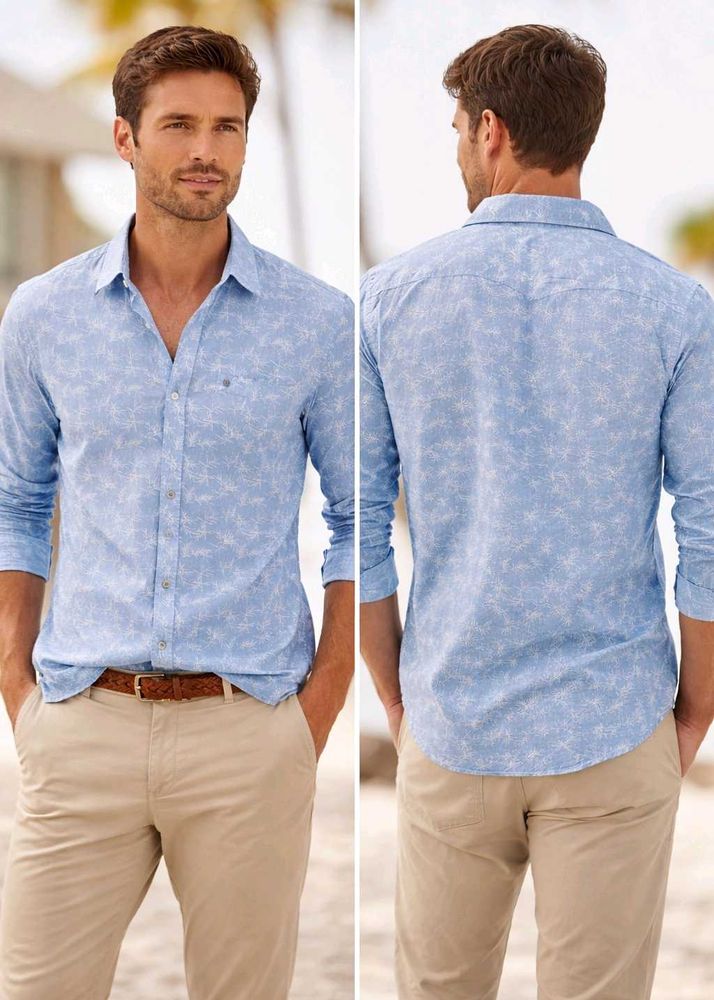 Men's Blue Printed Long Sleeve Shirt