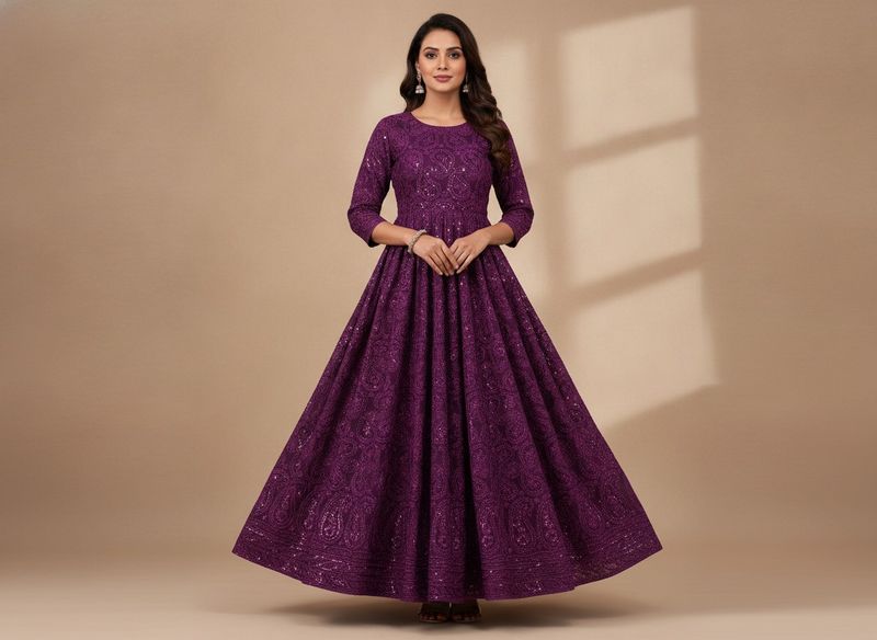 Purple Paisley Embroidered Dress Material