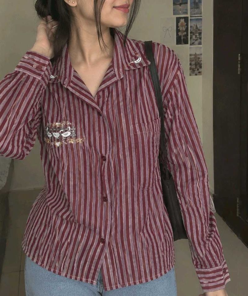 Striped Button-Up Shirt with Embroidery❣️