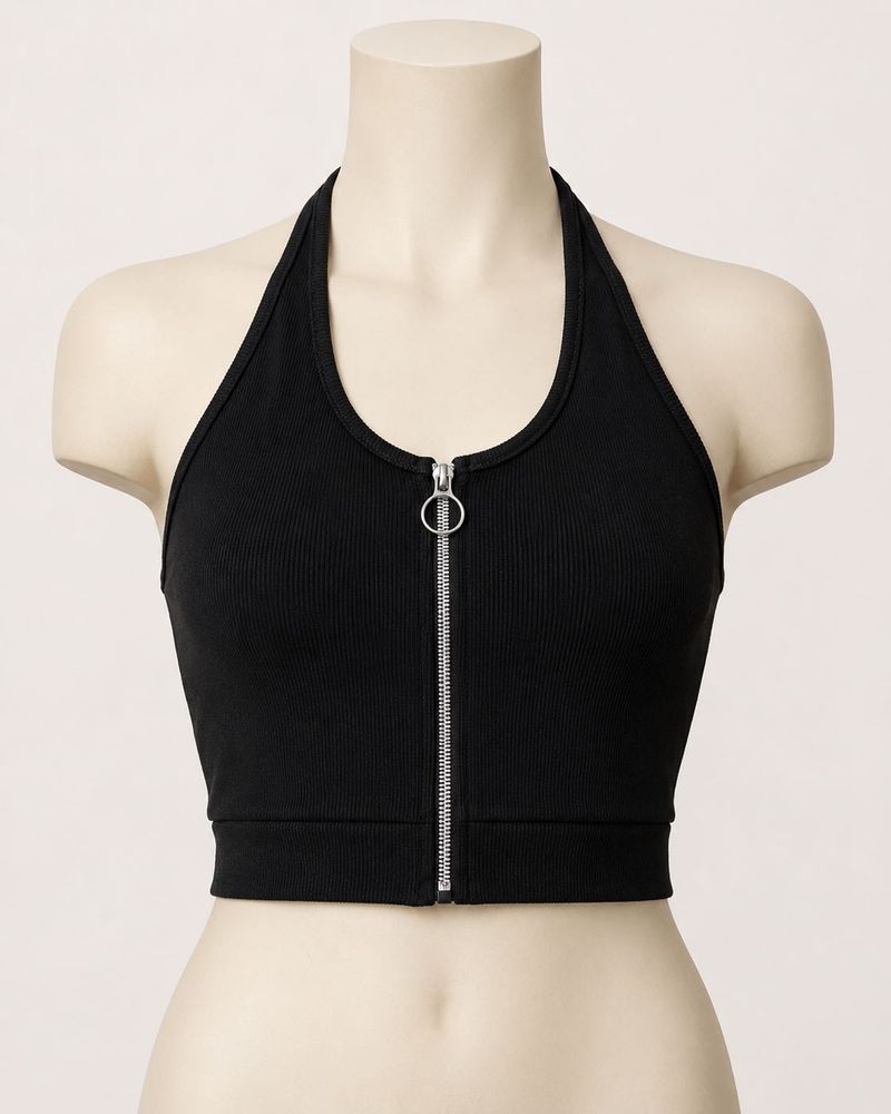 Black Halter Zip Crop Top