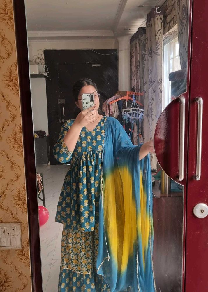 Teal Floral Kurta Set with Dupatta